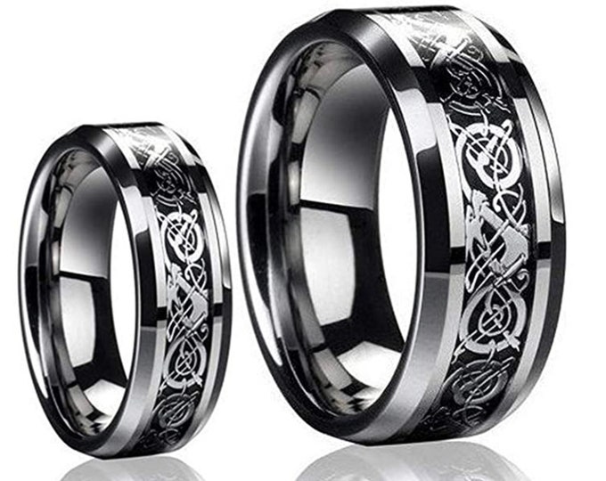 Personalized Matching Band  His & Hers - 8mm/6mm Tungsten Carbide Loyal Celtic Knot Dragon Design  Black Carbon Fiber Inlay Wedding Ring Set