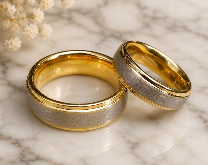 Custom Engraved Celtic Knot Tungsten Wedding Band Set, Gold Plated Matching Rings, Interlocking Love Symbol Unique Couple Anniversary Gift