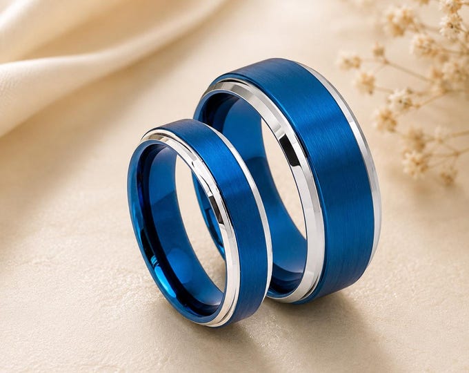Tungsten Wedding Band, Custom Engraved Blue Step Edge Ring, 8mm & 6mm Matching Couple Ring, Comfort Fit Anniversary Band, Personalized Gift