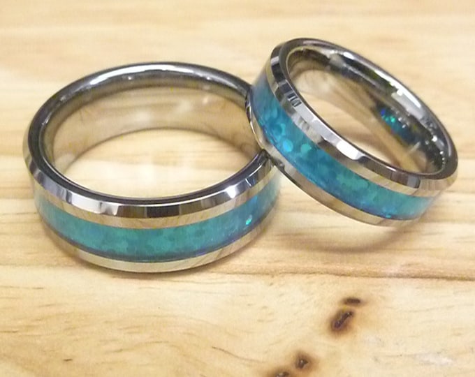 8mm/6mm Blue Hawaiian Fibre Inlay Rings with Bevelled Edge, Custom Engraved Dainty Rings, Tungsten Wedding Bands Set Couples Gift
