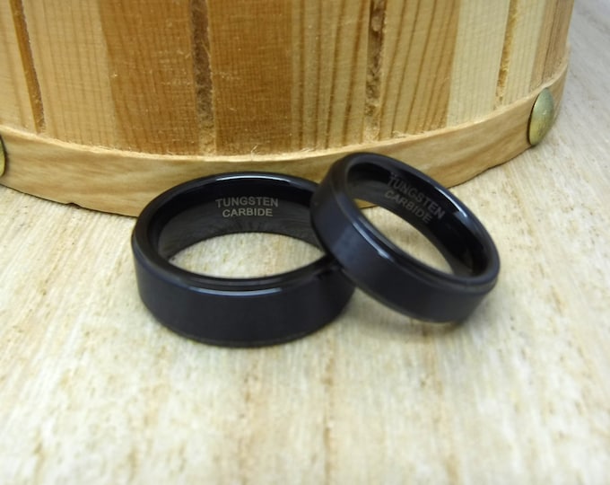 Personalized Tungsten Ring Set, Custom Laser Engraved Ring Jewelry, Black Brushed 6mm/8mm Wedding Bands with Step Edge for Men & Women