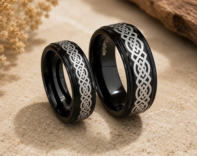 Celtic Black Tungsten Wedding Band Set, Personalized Engraved Rings for Couples, His & Hers Matching Rings, Unique Love Knot Jewelry