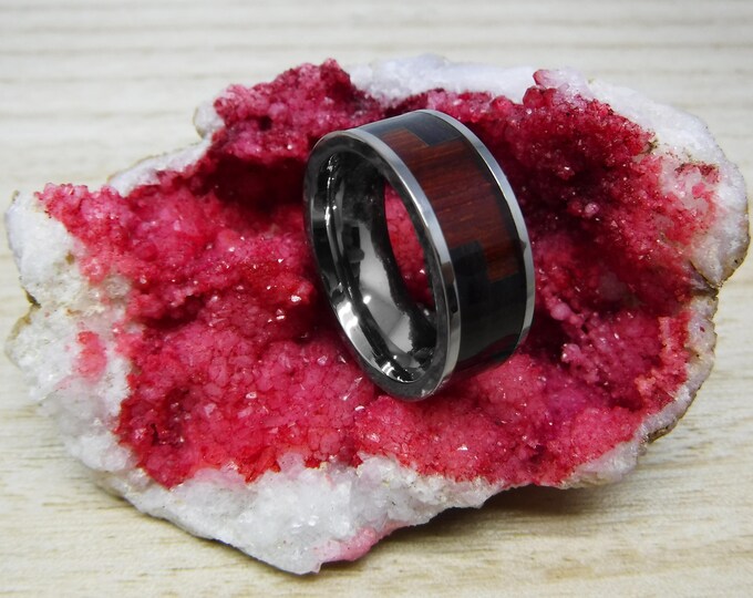 Engraved Unisex Rustic Ring, Custom Titanium Wedding Ring with Blackwood & Hawaiian Koa, 8mm Pipe Cut Band Minimalist Ring for Unisex