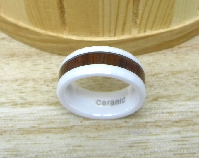 Custom Laser Engraving Ring - 8mm White Ceramic Beveled Edge With Real Hawaiian Koa Wood Inlay Wedding Ring for Men Women Gift for Her & Him