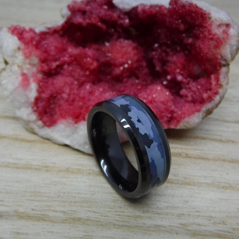 Custom Engraving 8mm Black Ceramic Beveled With Blue Camo Center Inlay Wedding Band Ring for Men Or Women