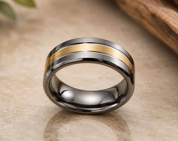 8mm Gold Center Tungsten Carbide Wedding Band, Luxury Comfort Fit Ring, Durable Two Tone Gold Plated Finish, Classic Wedding Jewelry Gift