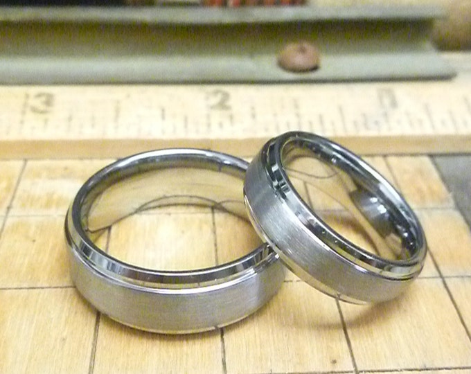 Custom Laser Engraving Ring - 8mm/6mm Tungsten Carbide Step Edge Brushed Center Wedding Band Ring Set Gift for Her & Gift for Him