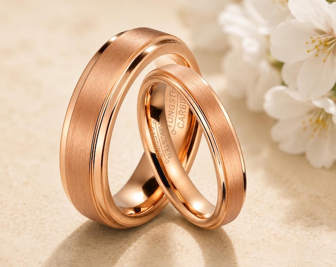 Tungsten Carbide Wedding Band Set, Rose Gold Fiber Inlay Couple Ring, Custom Engraved Matching Anniversary Ring, Unique Love Promise Jewelry