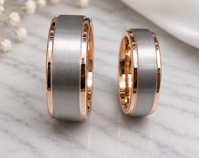 Personalized Tungsten Carbide Wedding Ring with Rose Gold Finish & Brushed Fiber Inlay, Custom Engraved Men's Band, Modern Couple Jewelry