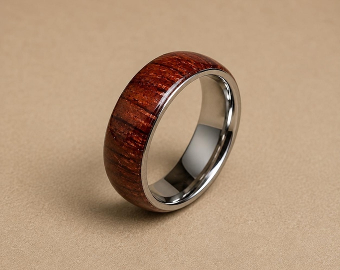 Personalized Koa Wood Inlay Titanium Ring, Custom Engraved Dome Wedding Band, Hawaiian Wood Ring, Men's & Women's Promise Ring 6mm 8mm