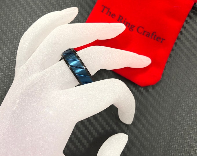 Custom Engraving - 8MM Men's Black Prussian Blue Tungsten Wedding Band Ring
