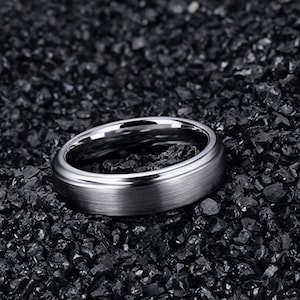 Brushed Centre Wedding Band, Custom Engraved Tungsten Ring 6mm Bridal Jewellery, Step Edge Men’s Women’s Anniversary Engagement Jewelry