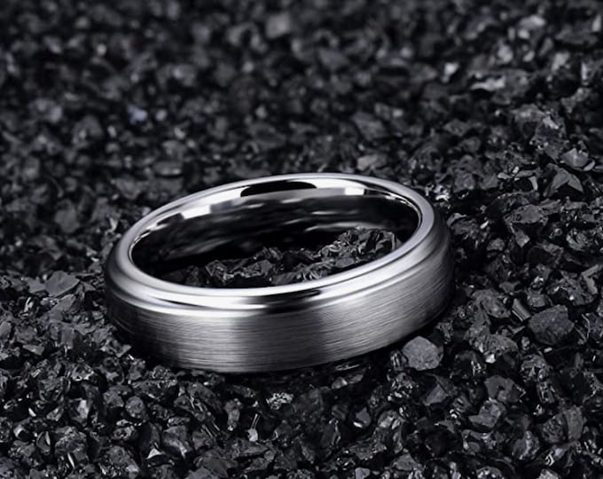 Brushed Centre Wedding Band, Custom Engraved Tungsten Ring 6mm Bridal Jewellery, Step Edge Men’s Women’s Anniversary Engagement Jewelry