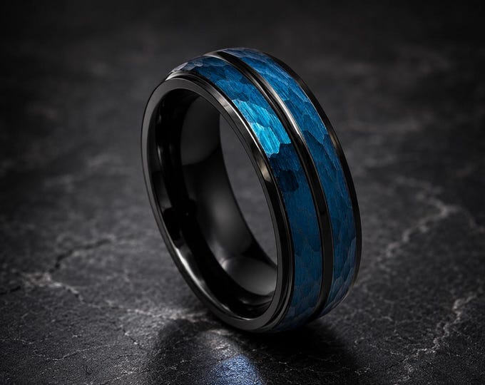 Blue & Black Hammered Tungsten Ring 8mm, Custom Engraved Wedding Band, Two Tone Men's Ring, Personalized Promise Ring, Comfort Fit Gift