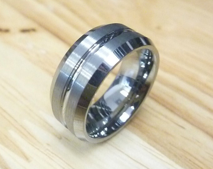 8mm Beveled Brushed Ring with Center Groove for Him or Her, Personalized Men’s Promise Ring, Custom Engraved Tungsten Wedding Band