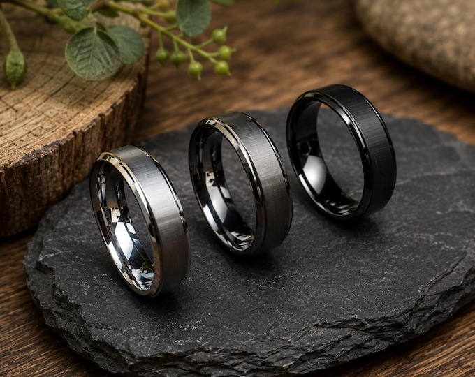 Custom 6mm Tungsten Ring, Black Gunmetal Brushed Step Edge Wedding Band, Personalized Engraved Ring, Modern Comfort Fit Anniversary Jewelry