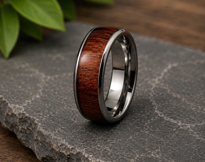 Titanium Koa Wood Wedding Band 8mm, Hawaiian Wedding Ring, Comfort Fit Wedding Band, Rustic Wood Inlay Ring, Personalized Dainty Gift