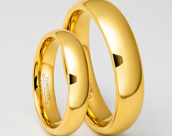 Eternity Personalized Yellow Gold Tungsten Ring, Engraved Wedding Band Set, Custom Anniversary Couple Rings, Promise Rings Jewelry Gift Set,