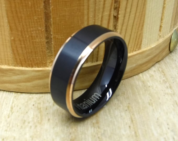 Unisex Promise Ring, Custom Engraved Titanium Ring, 8mm Black Plated Wedding Band with Brushed Center & Rose Gold Sides, Minimalist Ring