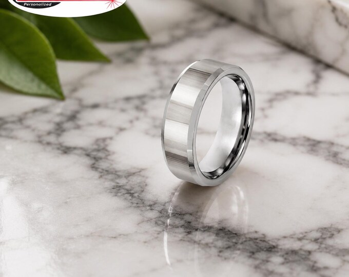 Custom Engraved Tungsten Carbide Wedding Band, 8mm Polished Beveled Edge Anniversary Ring, Comfort Fit Durable Scratch Resistant Gift Set
