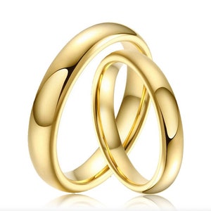3mm Yellow Gold Tungsten Wedding Ring Set, Custom Engraved Matching Bands