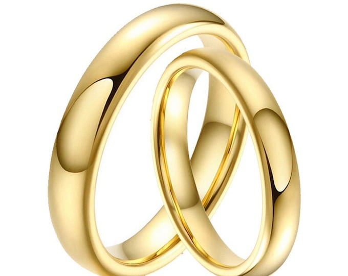 3mm Matching Bands, Classic Yellow Gold Couple Rings, Custom Engraved His & Hers Anniversary Rings, Gold Tungsten Wedding Ring Set