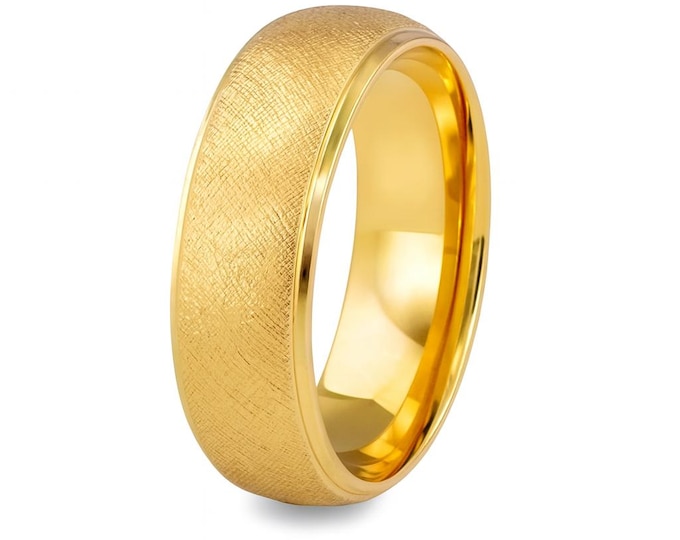 8mm 14K Yellow Gold Tungsten Wedding Band, Florentine Brushed Finish, Custom Engraved