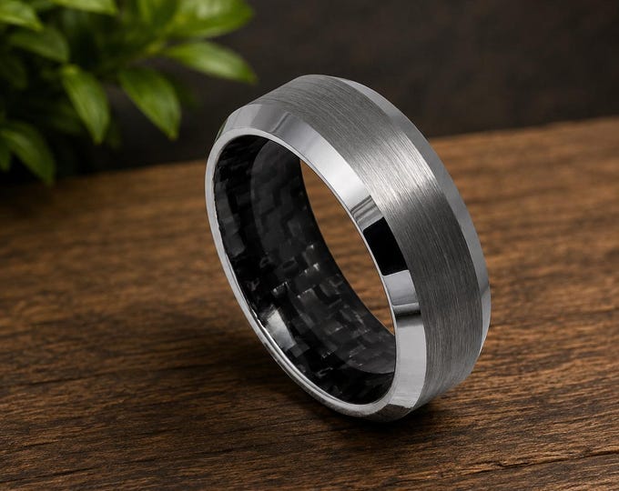 Custom Engraved Tungsten Ring, Black Carbon Fiber Inlay Wedding Band, Beveled Edge Comfort Fit Ring, Personalized Anniversary Gift