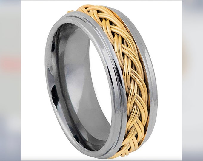 8mm Gold Braid Inlay Ring, Custom Engraved Tungsten Ring, Men’s Wedding Band, Yellow Gold Step Edge Ring, Polished Ring Anniversary Gift