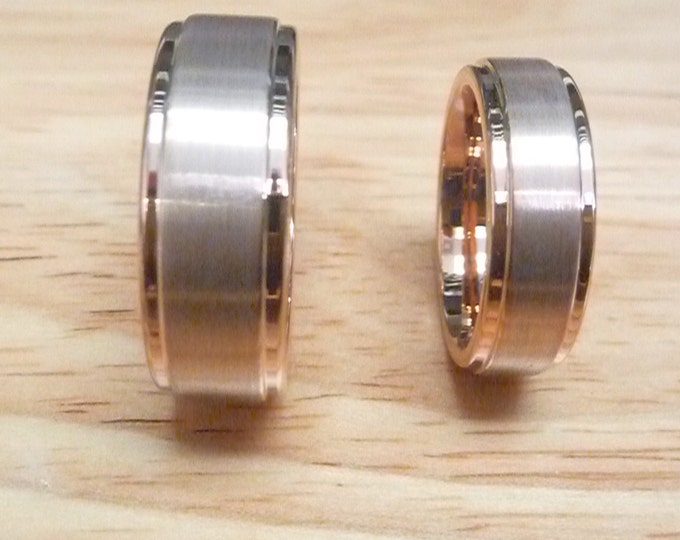 Custom Laser Engraving Ring - 8mm/6mm Tungsten Carbide Rose Gold Plated Step Edge Brushed Center Fiber Inlay Wedding Band Gift for Her & Him