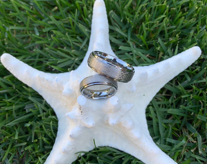 Celtic Knot Tungsten Wedding Band Set, 8mm/6mm Step Edge Rings, His & Hers Matching Celtic Design, Durable Tungsten Carbide Promise Bands