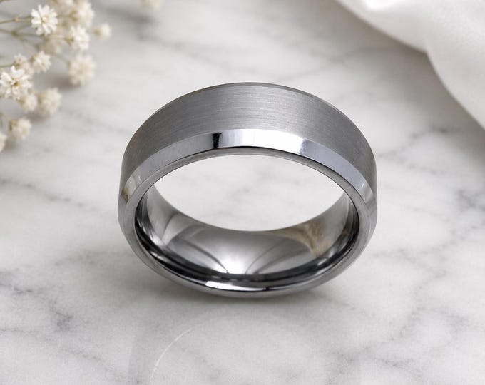 Brushed Tungsten Wedding Band, 8mm Beveled Edge Custom Engraved Ring, Personalized Couple Anniversary Ring, Promise Engagement Jewelry Gift