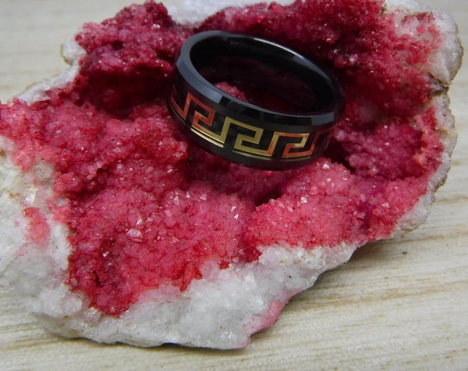 Custom Engraving - 8mm Black Ceramic Beveled Shape With Gold Plated Greek Key Inlay Wedding Band Ring for Men Or Women