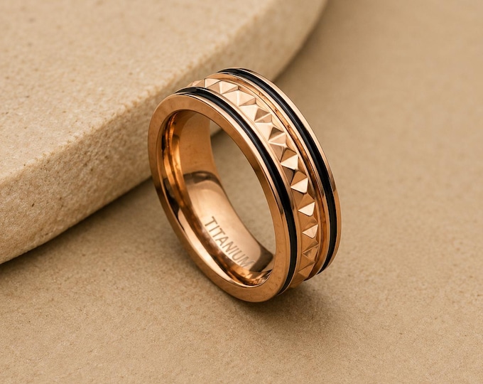 Custom Personalized Titanium Wedding Band, 6mm Rose Gold IP Ring, Black Inlay Sides, Pyramid Center Design Ring, Engraved Promise Ring