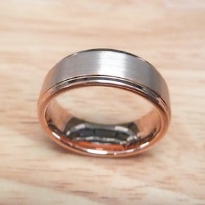 Personalised 8mm Rose Gold Tungsten Ring, Custom Engraved Brushed Wedding Band, Unisex Step Edge Promise Ring, Durable Gift for Him or Her