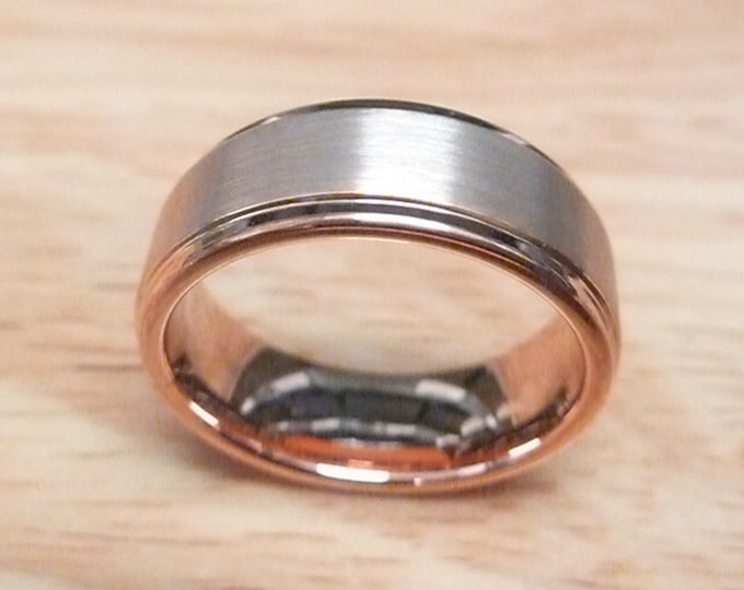 Personalised 8mm Rose Gold Tungsten Ring, Custom Engraved Brushed Wedding Band, Unisex Step Edge Promise Ring, Durable Gift for Him or Her