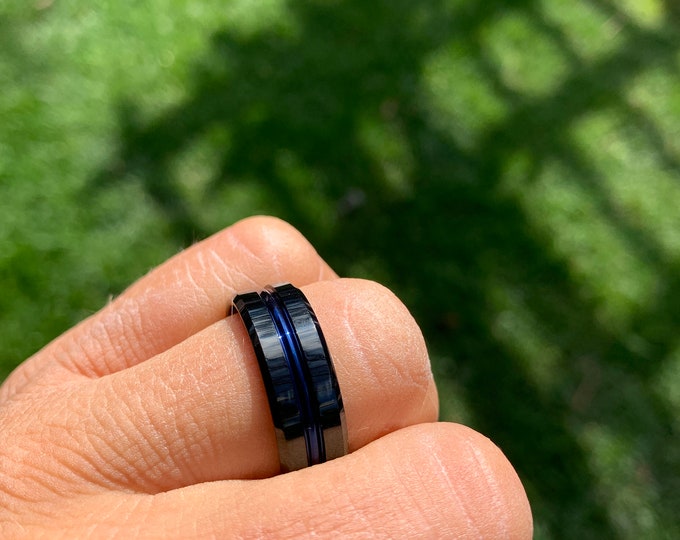 Personalized Engraving  - Men's Black Tungsten Carbide Wedding Band Ring Blue Center Groove
