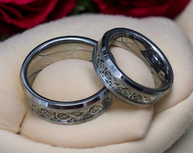Personalized Matching Band His & Hers - Tungsten Carbide Celtic Knot Dragon Design over Black Carbon Fiber Inlay Wedding Engagement Ring Set