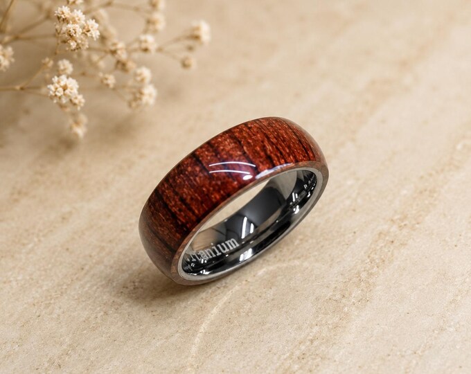Personalized Koa Wood Titanium Ring 6mm, Custom Engraved Dome Wedding Band, Men's & Women's Promise Ring, Rustic Wood Inlay Anniversary Gift