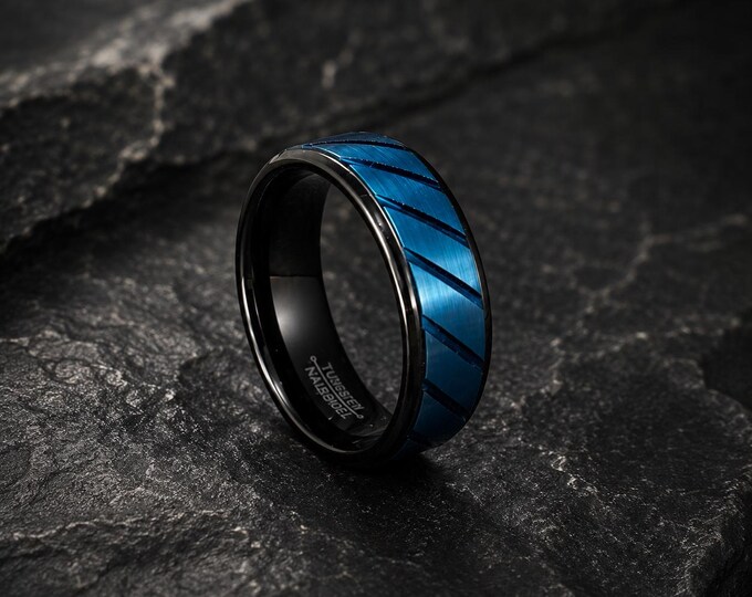 Custom Engraved Blue & Black Tungsten Ring for Men, 8mm Two Tone Brushed Wedding Band, Comfort Fit Promise Ring, Personalized Dainty Gift