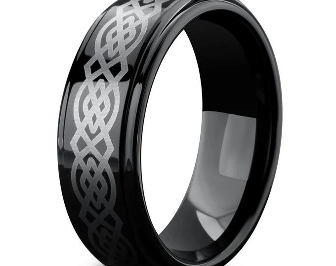Celtic Knot Tungsten Ring, 6mm Black Plated Wedding Band, Personalized Men's or Women's Ring, Custom Engraved Ring Handmade Jewelry