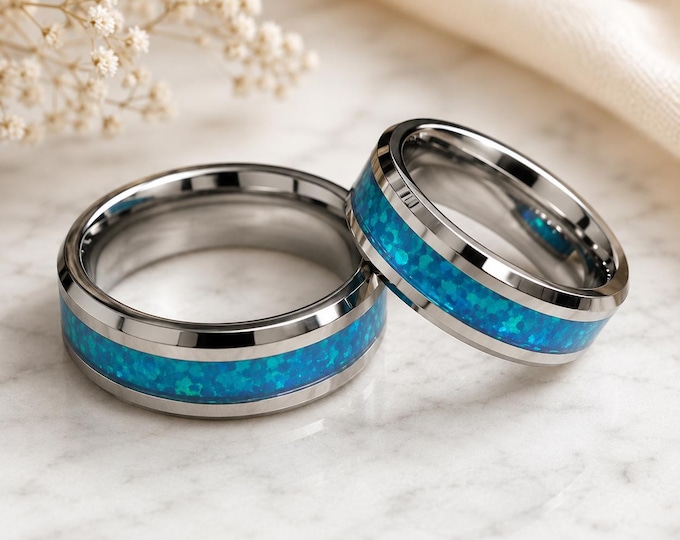 Custom Engraved Tungsten Wedding Band Set, Hawaiian Blue Fiber Inlay Rings, Comfort Fit Matching Bridal Couple Bands Anniv Rings Unique Gift