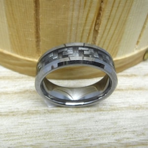 Custom Engraved Tungsten Carbide Ring, 8mm Beveled Gray Carbon Fiber Wedding Band, Personalized Gift for Men or Women, His/Hers Promise Ring