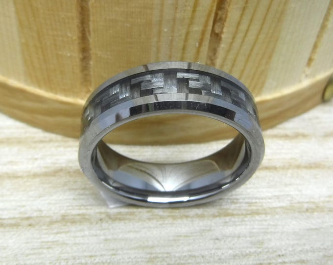 Custom Laser Engraving Ring- 8mm Tungsten Carbide Beveled Edge Gray Carbon Fiber Inlay Wedding Band Ring for Men Women Gift for Her & Him
