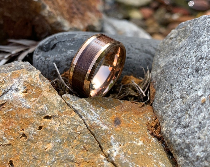 Personalized Engraving 8mm Tungsten Carbide Rose Gold BevelEdge Wood Inlay | Engagement Anniversary | Wedding Band Ring for Men Or Women