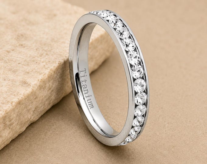 Custom Engraved 3mm Titanium Eternity Ring with CZ Stone, Personalized Wedding Band, Men's Anniversary Ring, Women's Minimalist Promise Ring