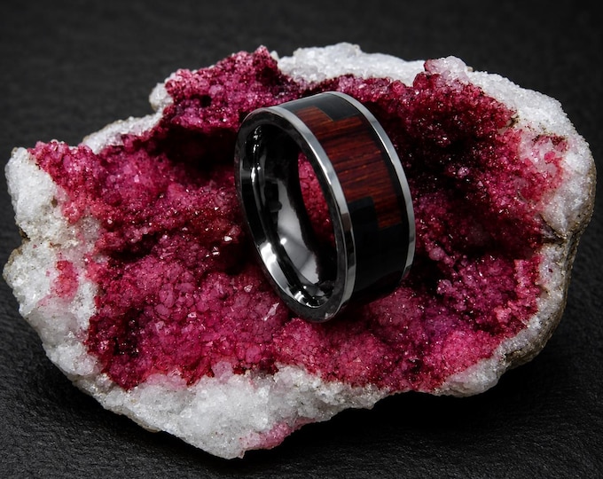 Custom Engraved Ring, Titanium Wedding Band with Hawaiian Koa & Blackwood Inlay, Personalized Unisex Ring, Rustic Wedding Ring Promise Gift