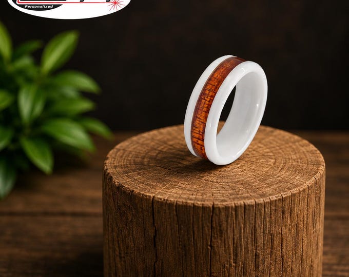 Custom Engraved White Ceramic Ring with Hawaiian Koa Wood Inlay, Personalized Wedding Band, Comfort Fit Promise Ring, Anniversary Gift