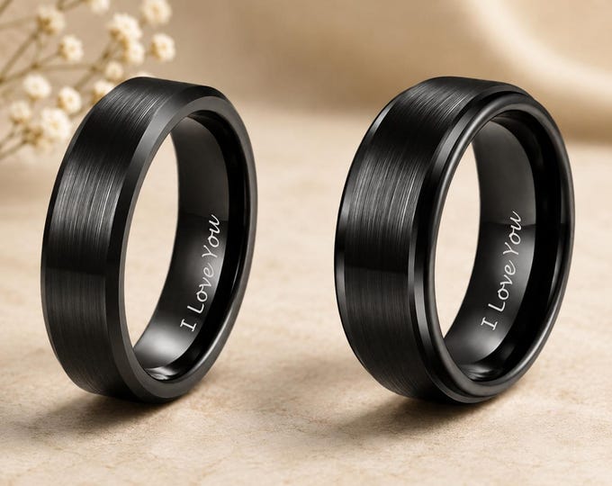 Custom Black Tungsten Ring, Engraved 'I Love You' Promise Ring for Him & Her, Personalized Wedding Band, Anniversary Gift for Couple Jewelry