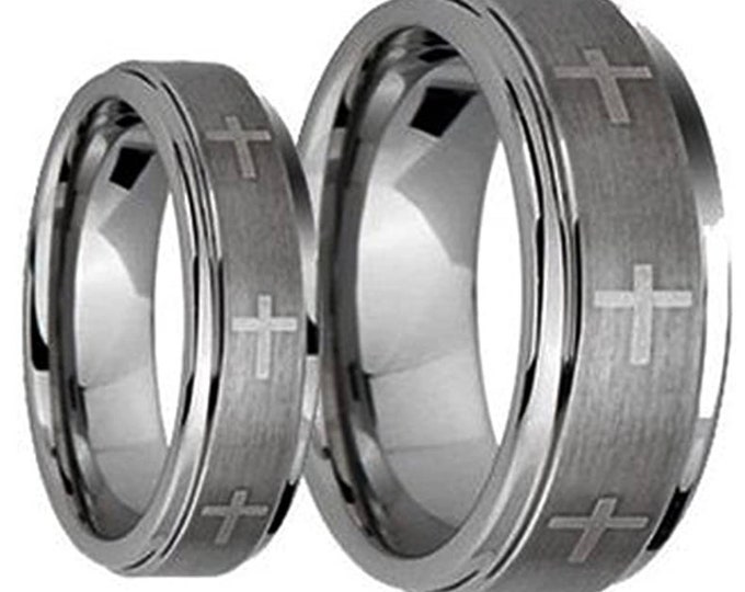 Personalized Engraving - 8mm or 6mm Brushed Tungsten Carbide Christian Cross | Engagement Anniversary | Wedding Band Ring for Men Or Women